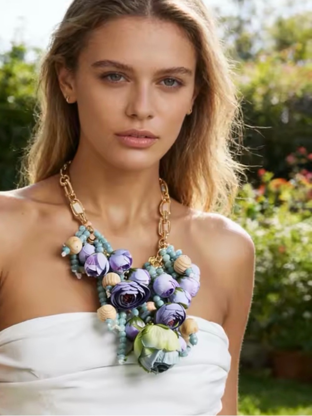 Blue Blossom Statement Necklace – Floral Gold Chain Necklace